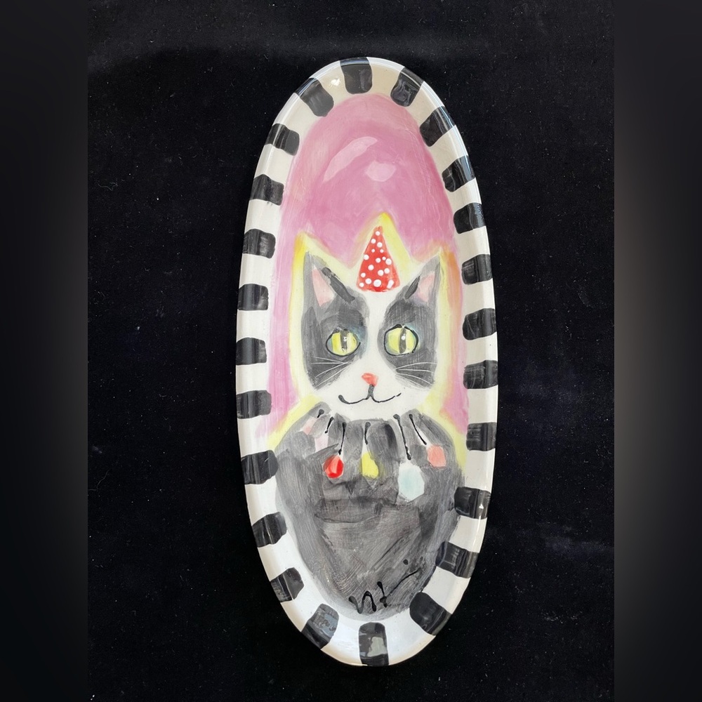 Handmade Ceramic Serving Tray” Happy Cat  “Design 13”x5.5”Original Design